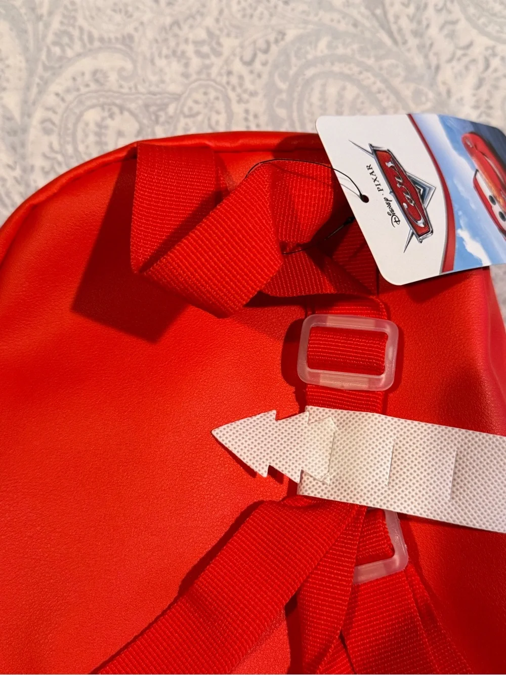 Disney Lightning McQueen Faux Pebbled Red Leather Backpack with Checker Accent
